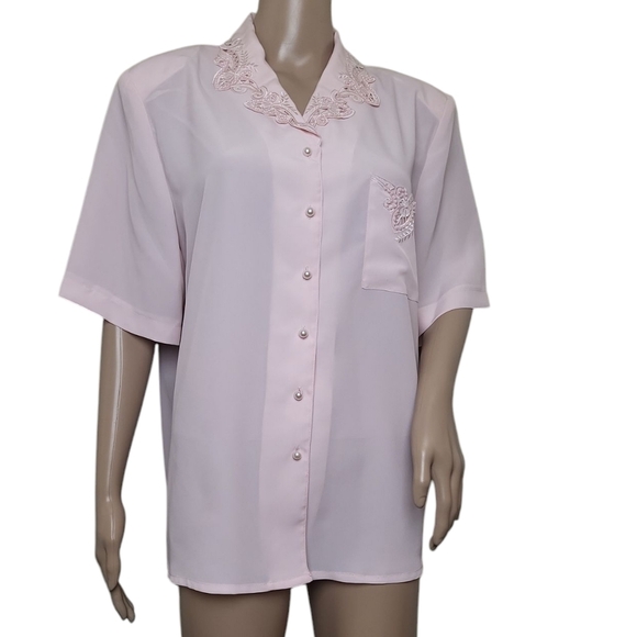 Kathy Che Embroidered Pearl Collar Pink Button Down Blouse - Picture 4 of 7
